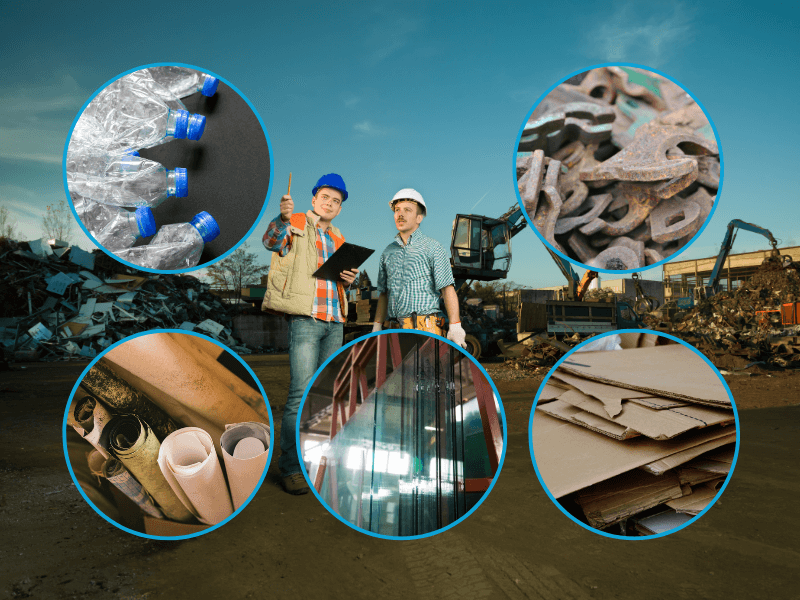 Workers at a recycling facility with examples of recyclable materials like plastic, metal, glass, cardboard, and paper