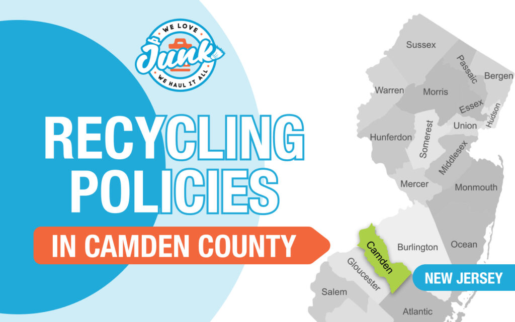 grayscale image map of new jersey with highlighted camdem county. overlay text Recycling Policies in Camden County NJ