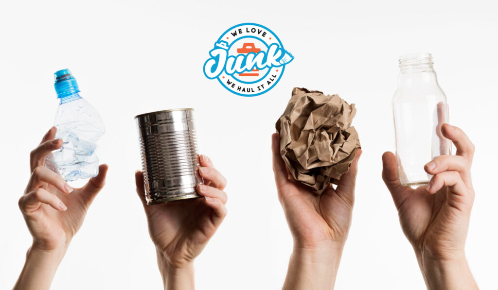 four hands holding different waste for solid management disposal wit the we love junk logo