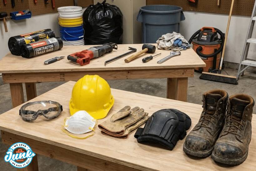 Tools and supplies prepared for bathroom demolition work.