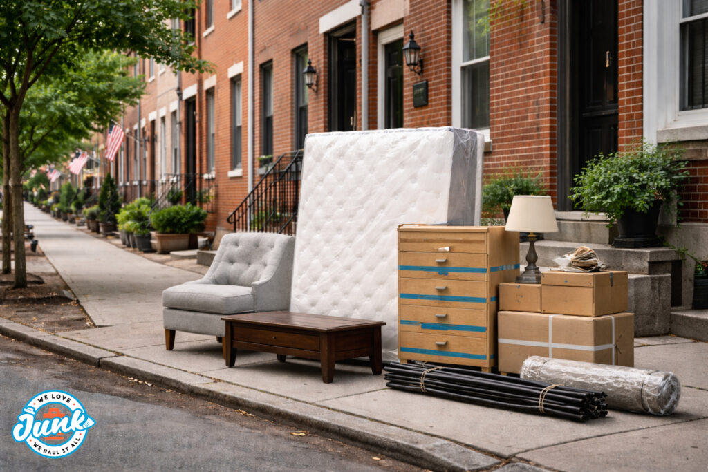 mattress, dresser, boxes, and furniture placed on sidewalk for curbside junk removal in residential neighborhood