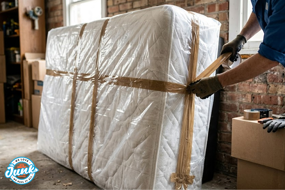 Plastic-wrapped mattress taped and secured inside a garage for moving or junk removal