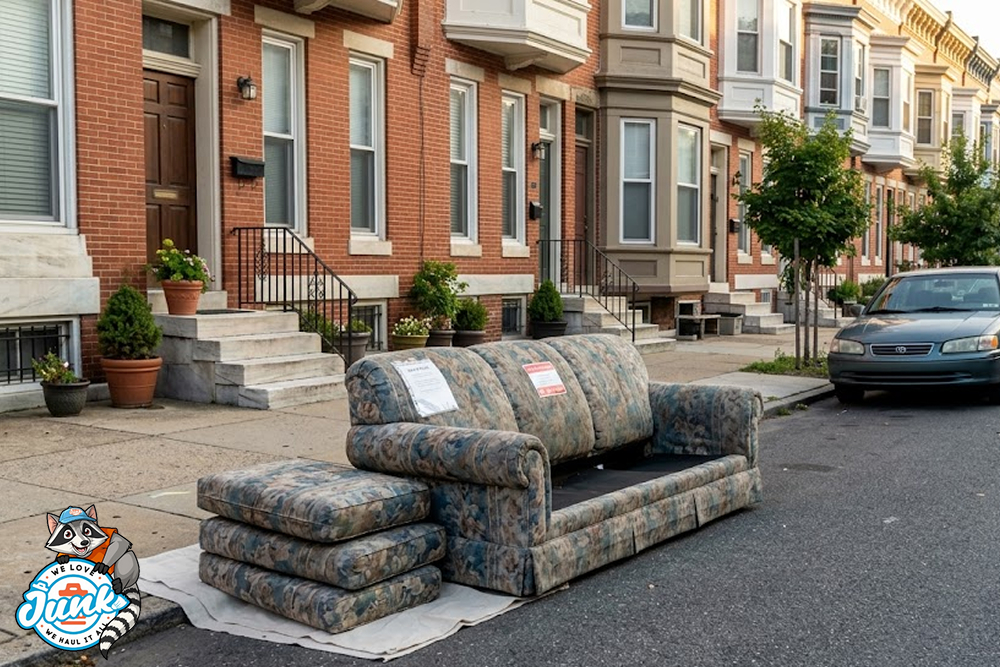 Couch left outside rowhome for junk removal pickup
